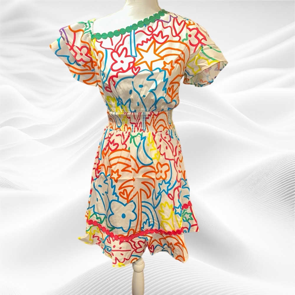 Alden Adair Zara Sun Dress in Oasis Medium Smocked Waist‎ Appliqué Trim NWT